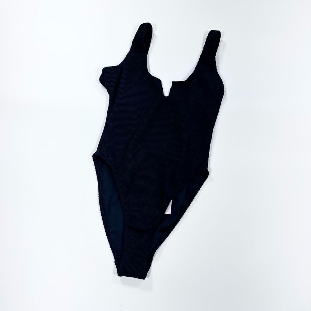 ASOS Missguided black ribbed high cut scoop back swim suit 32F